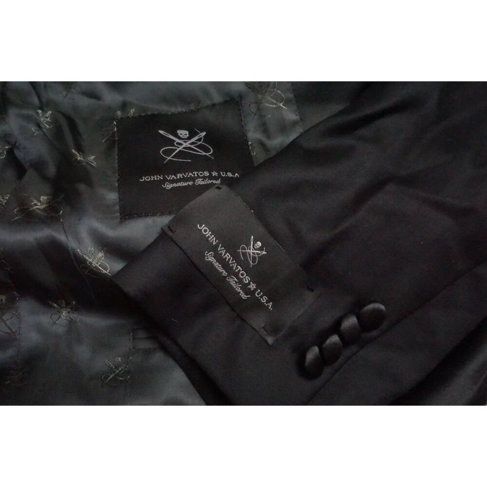 John Varvatos Solid Black Bleeker Wool Tuxedo Coat Jacket Sz 44L Brand New